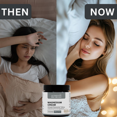Comparison of a woman with magnesium cream labeled 'Then' and a woman with magnesium cream labeled 'Now' in a bedroom setting.